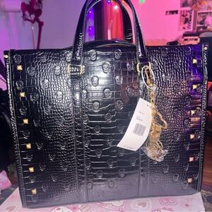 Betsey Johnson large skull croc embossed tote with shoulder strap and charms
